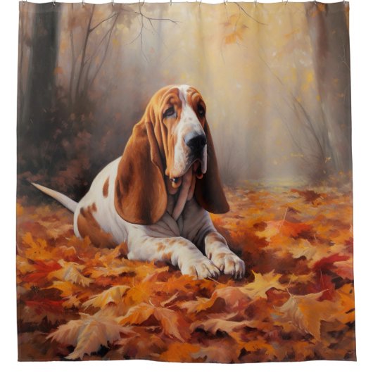 Basset Hound im Herbst Leaves Fall Inspiriert Duschvorhang (Vorderseite)