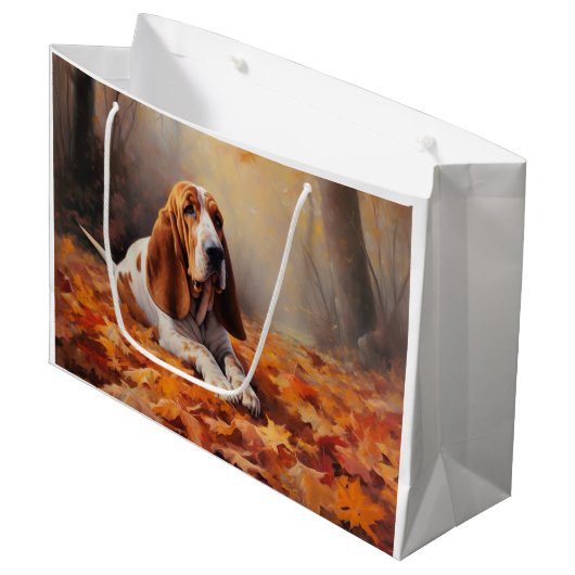 Basset Hound im Herbst Leaves Fall Inspiriert Große Geschenktüte (Vorderseite Schrägansicht)