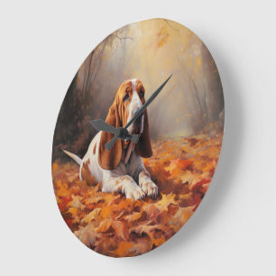 Basset Hound im Herbst Leaves Fall Inspiriert Große Wanduhr