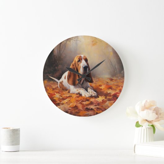 Basset Hound im Herbst Leaves Fall Inspiriert Große Wanduhr (Zuhause)