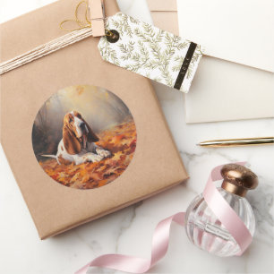 Basset Hound im Herbst Leaves Fall Inspiriert Runder Aufkleber