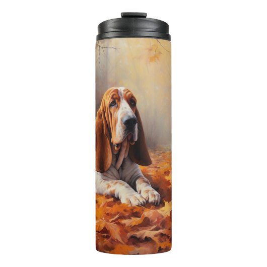 Basset Hound im Herbst Leaves Fall Inspiriert Thermosbecher (Vorderseite)
