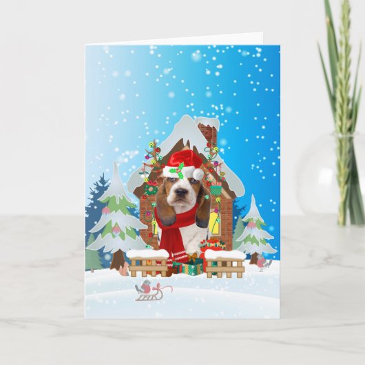 Basset Hound im Schnee mit Weihnachtsgeschenken Karte (Vorderseite)