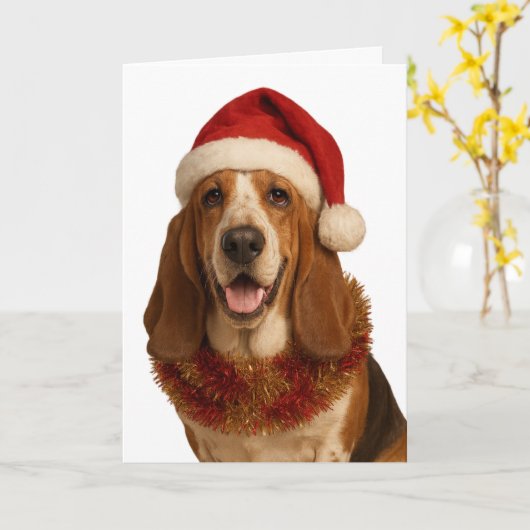 Basset Hound in a Santa hat Christmas card Karte (Gelbe Blume)