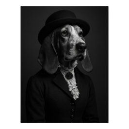 Basset Hound in Bowler Hat & Ruffled Blouse Poster