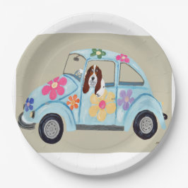 Basset Hound in einem Hippie-Auto Pappteller