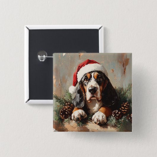 Basset Hound in einer Weihnachtsmannmütze Ölgemäld Button (Vorne & Hinten)
