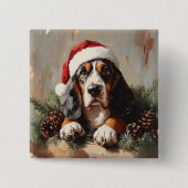 Basset Hound in einer Weihnachtsmannmütze Ölgemäld Button (Vorderseite)