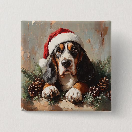 Basset Hound in einer Weihnachtsmannmütze Ölgemäld Button (Vorderseite)