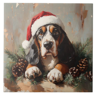 Basset Hound in einer Weihnachtsmannmütze Ölgemäld Fliese