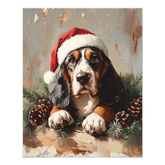 Basset Hound in einer Weihnachtsmannmütze Ölgemäld Fotodruck (Vorne)