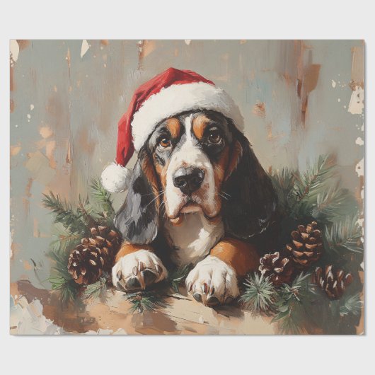 Basset Hound in einer Weihnachtsmannmütze Ölgemäld Geschenkpapier (Flach)