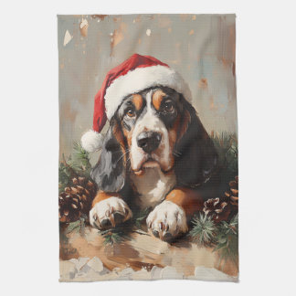 Basset Hound in einer Weihnachtsmannmütze Ölgemäld Geschirrtuch