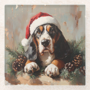 Basset Hound in einer Weihnachtsmannmütze Ölgemäld Glasuntersetzer