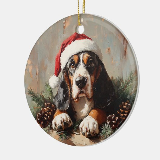 Basset Hound in einer Weihnachtsmannmütze Ölgemäld Keramik Ornament (Links)