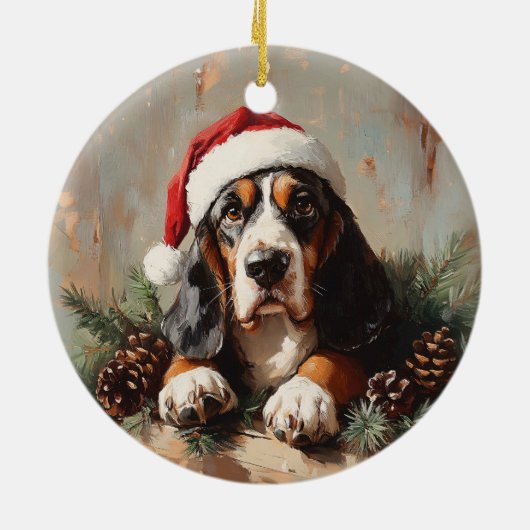 Basset Hound in einer Weihnachtsmannmütze Ölgemäld Keramik Ornament (Hinten)