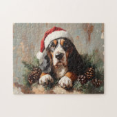 Basset Hound in einer Weihnachtsmannmütze Ölgemäld Puzzle (Horizontal)