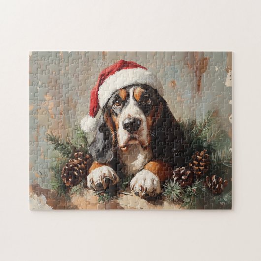 Basset Hound in einer Weihnachtsmannmütze Ölgemäld Puzzle (Horizontal)