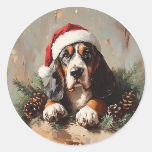 Basset Hound in einer Weihnachtsmannmütze Ölgemäld Runder Aufkleber