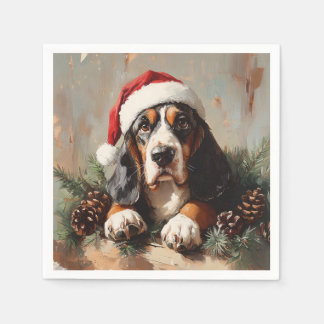 Basset Hound in einer Weihnachtsmannmütze Ölgemäld Serviette
