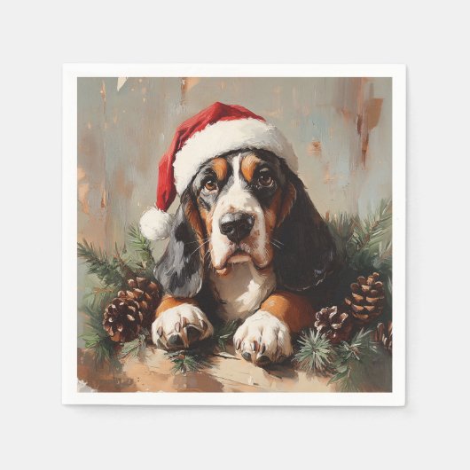 Basset Hound in einer Weihnachtsmannmütze Ölgemäld Serviette (Vorderseite)