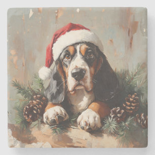 Basset Hound in einer Weihnachtsmannmütze Ölgemäld Steinuntersetzer