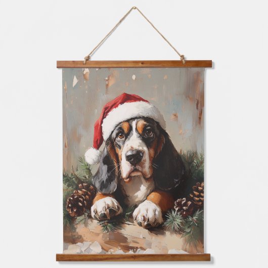 Basset Hound in einer Weihnachtsmannmütze Ölgemäld Wandteppich Mit Holzrahmen (Vorderseite)