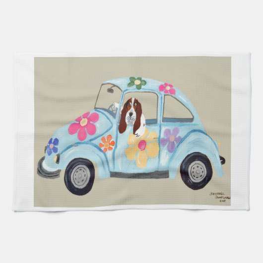Basset Hound in Hippie car  Geschirrtuch (Horizontal)