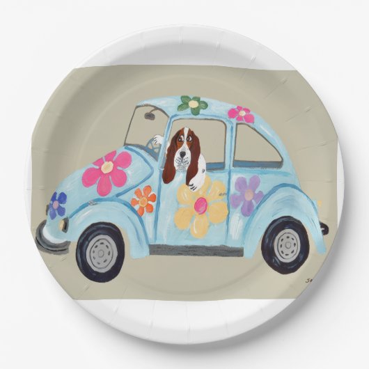  Basset Hound in Hippy car Pappteller (Vorderseite)