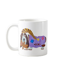Basset Hound in PJ's with teddy bear mug