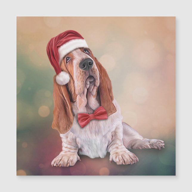 Basset Hound in rotem Hut des Weihnachtsmanns Magnetkarte (Vorderseite)