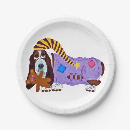 Basset Hound in Schlafanzug mit Teddybär Pappteller (Vorderseite)