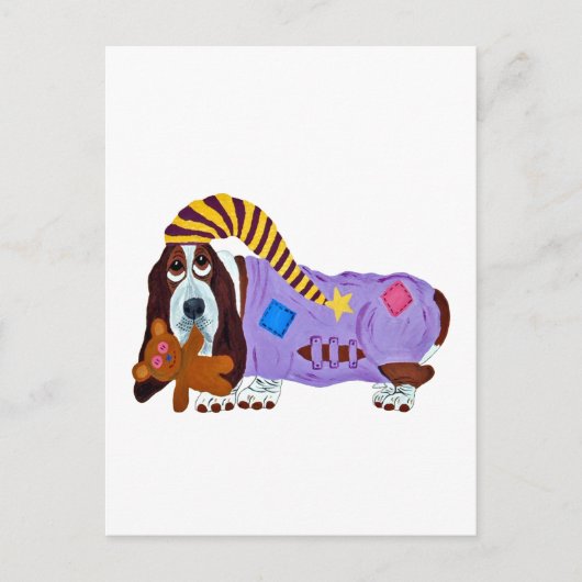 Basset Hound in Schlafanzug mit Teddybär Postkarte (Vorderseite)