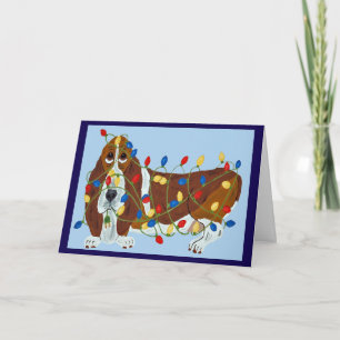 Basset Hound in Weihnachtslichter verheddert Karte