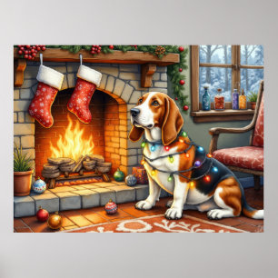 Basset Hound Kamin mit Weihnachtslichtern Poster