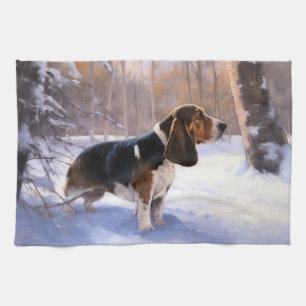 Basset Hound lassen es schneeweihen Geschirrtuch
