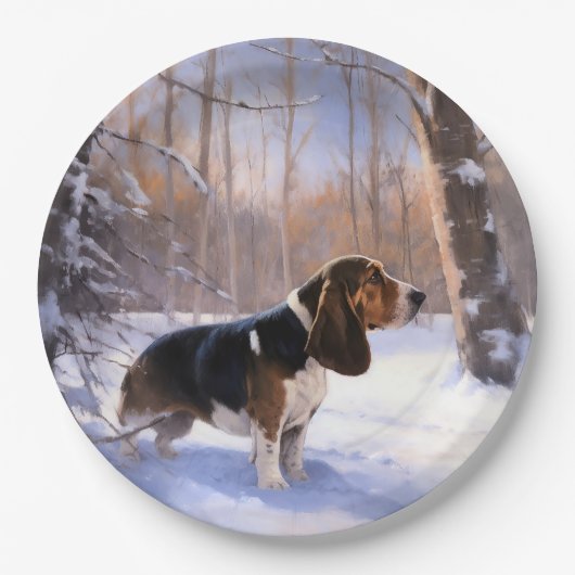Basset Hound lassen es schneeweihen Pappteller (Vorderseite)