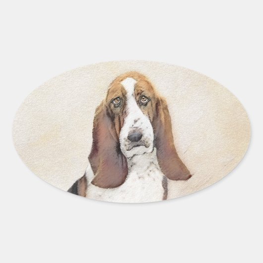 Basset Hound Malerei - Niedliche Original Hunde Ku Ovaler Aufkleber (Vorderseite)