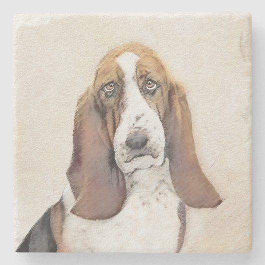 Basset Hound Malerei - Niedliche Original Hunde Ku Steinuntersetzer (Vorderseite)