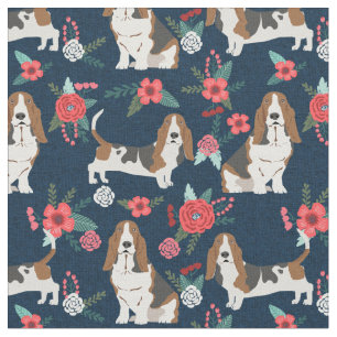 Basset Hound Marine und rosa Blüten Stoff