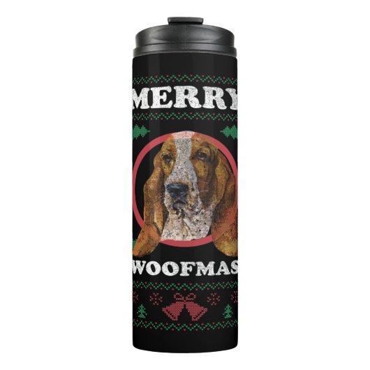 Basset Hound Merry Woofmas Weihnachtsweihnachtsges Thermosbecher (Vorderseite)