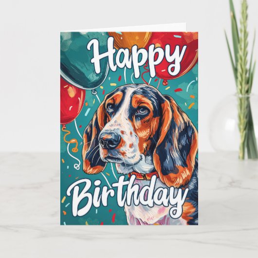 Basset Hound mit Balloons Geburtstag Karte (Vorderseite)