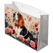 Basset Hound mit Rose - Valentinstag Große Geschenktüte (Rückseite Schrägansicht)