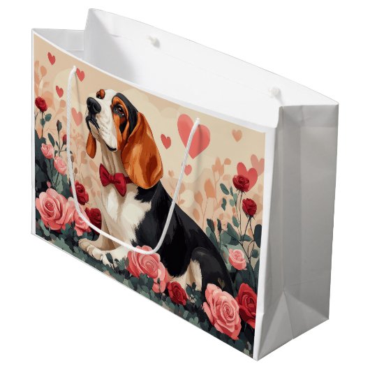 Basset Hound mit Rose - Valentinstag Große Geschenktüte (Vorderseite Schrägansicht)