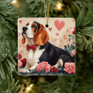 Basset Hound mit Rose - Valentinstag Keramikornament