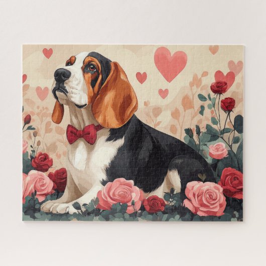 Basset Hound mit Rose - Valentinstag Puzzle (Horizontal)