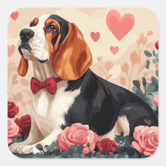 Basset Hound mit Rose - Valentinstag Quadratischer Aufkleber (Vorderseite)