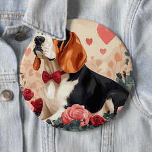 Basset Hound mit Rosen - Valentinstag Button