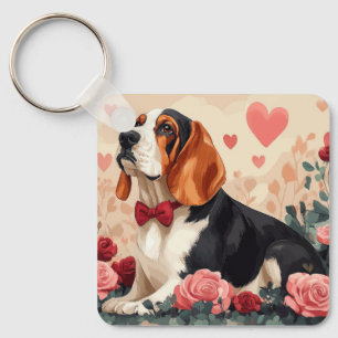 Basset Hound mit Rosen - Valentinstag  Schlüsselanhänger