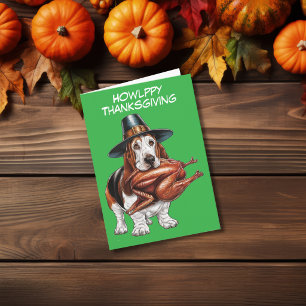 Basset Hound mit Truthahn im Maul zum Erntedankfes Karte